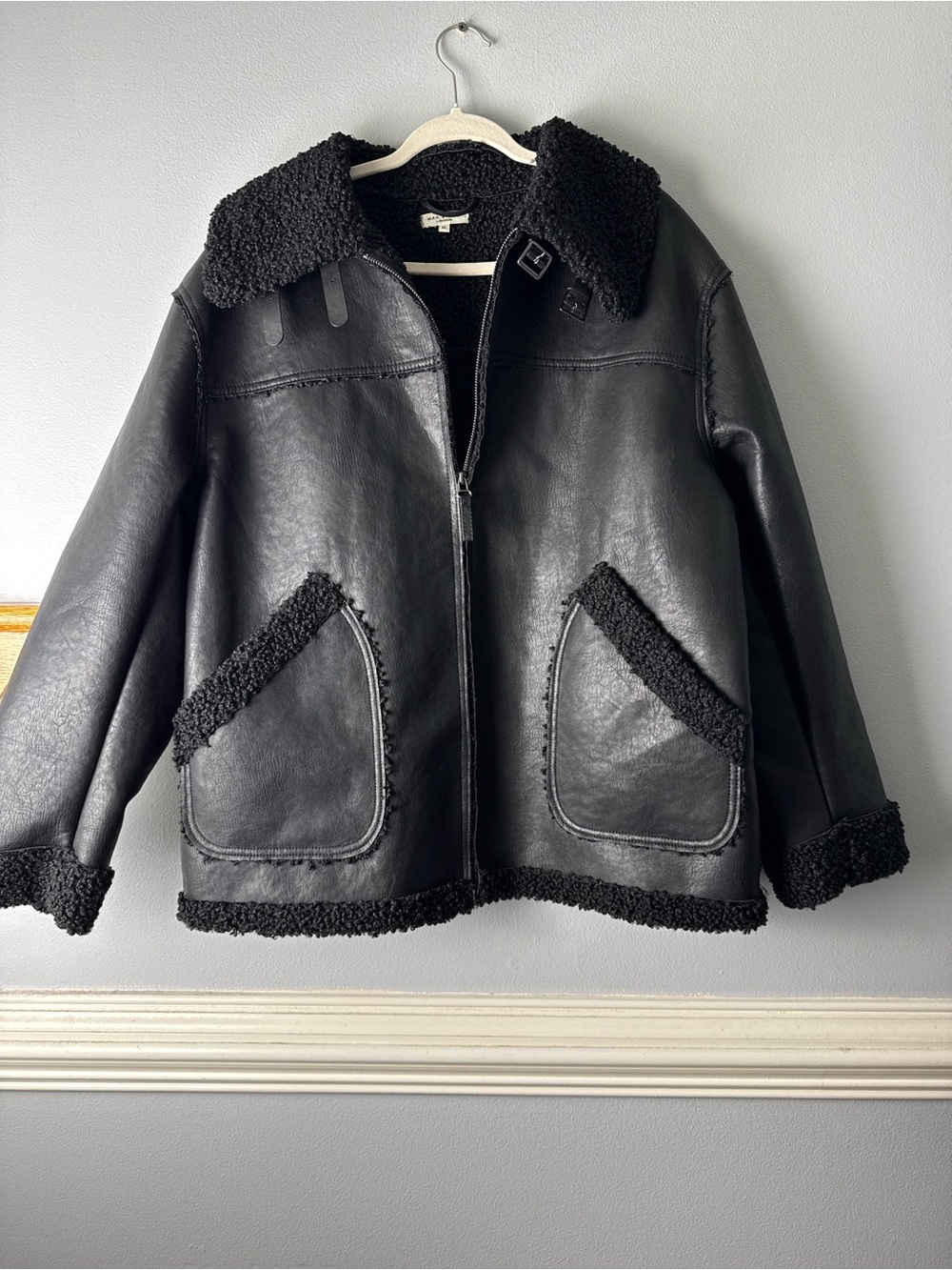 Max Studio Black Faux Shearling Trim Aviator Jacket